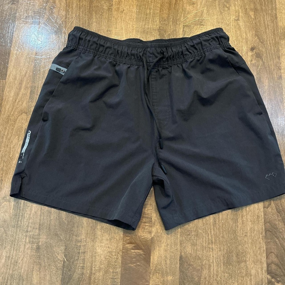 Men's black athletic shorts zip pocket fitness elastic drawstring M workout gym